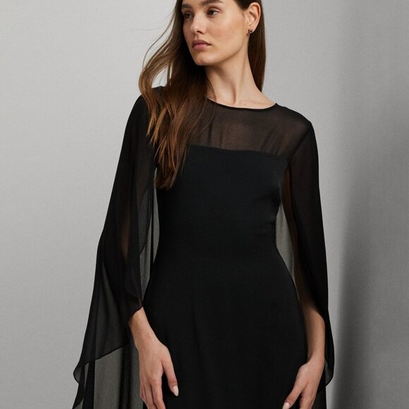 NWT LAUREN RALPH LAUREN Semisheer Capelet Georgette Gown Black 16 - Picture 2 of 4